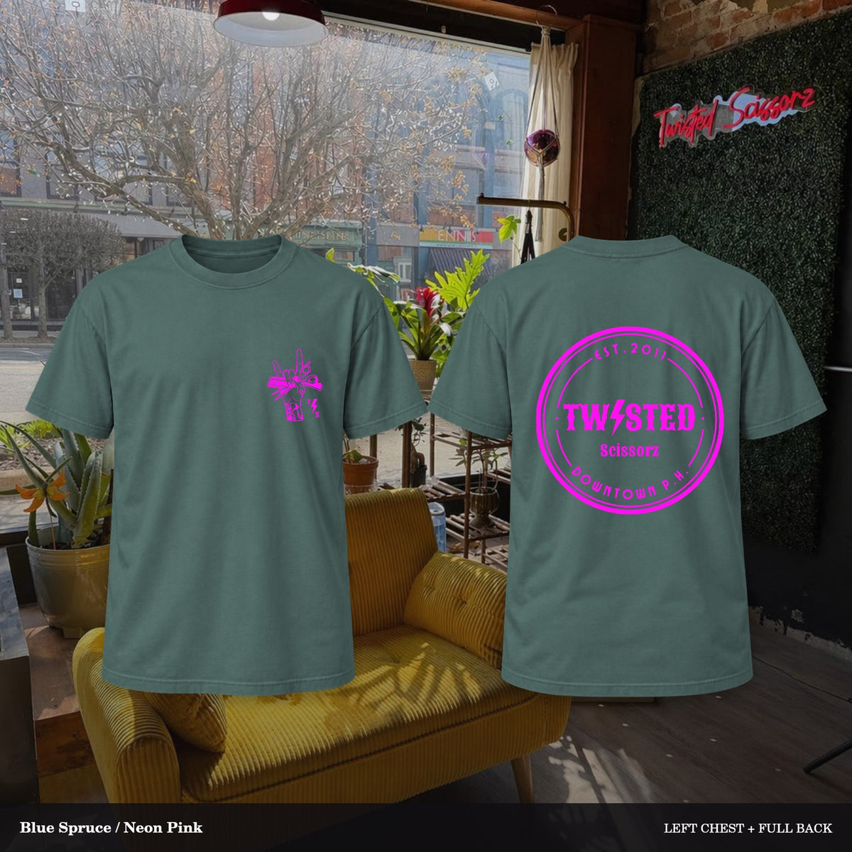 Twisted Scissorz Comfort Colors 1717 — Blue Spruce, Neon Pink artwork; left-chest crest and full back in the salon