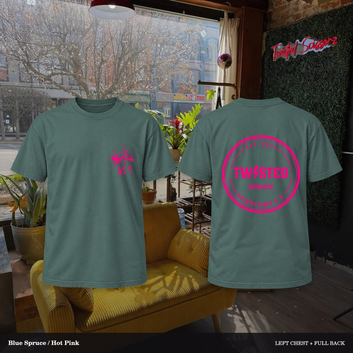 Twisted Scissorz Comfort Colors 1717 — Blue Spruce, Hot Pink artwork; left-chest crest and full back in the salon