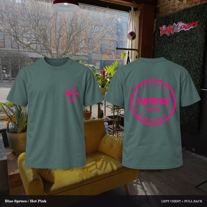 Twisted Scissorz Comfort Colors 1717 — Blue Spruce, Hot Pink artwork; left-chest crest and full back in the salon
