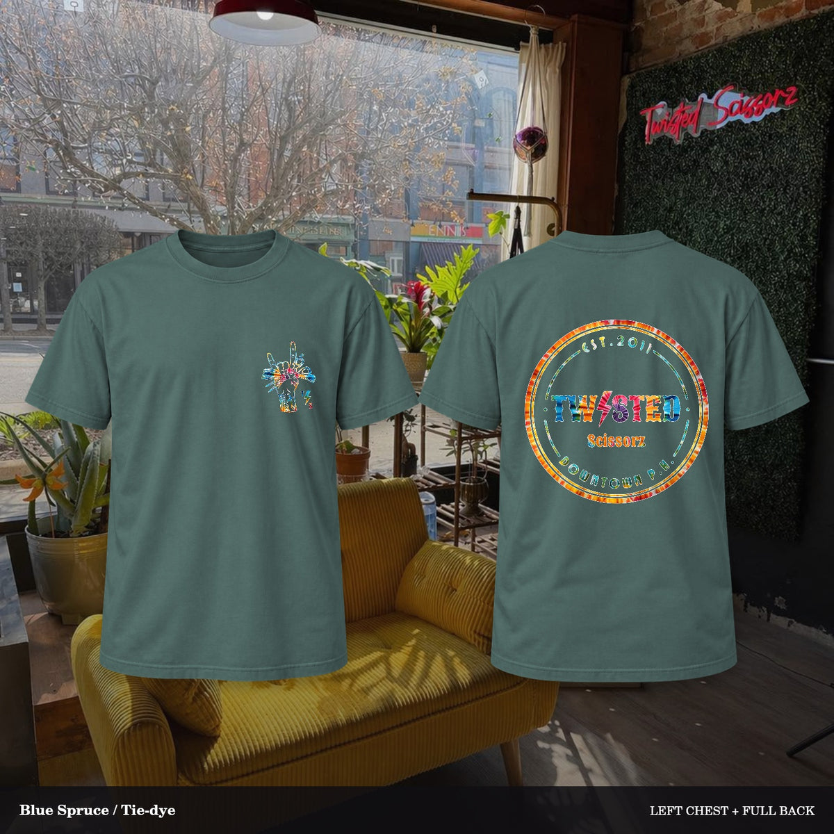 Twisted Scissorz Comfort Colors 1717 — Blue Spruce, Tie-dye artwork; left-chest crest and full back in the salon