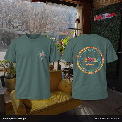 Twisted Scissorz Comfort Colors 1717 — Blue Spruce, Tie-dye artwork; left-chest crest and full back in the salon