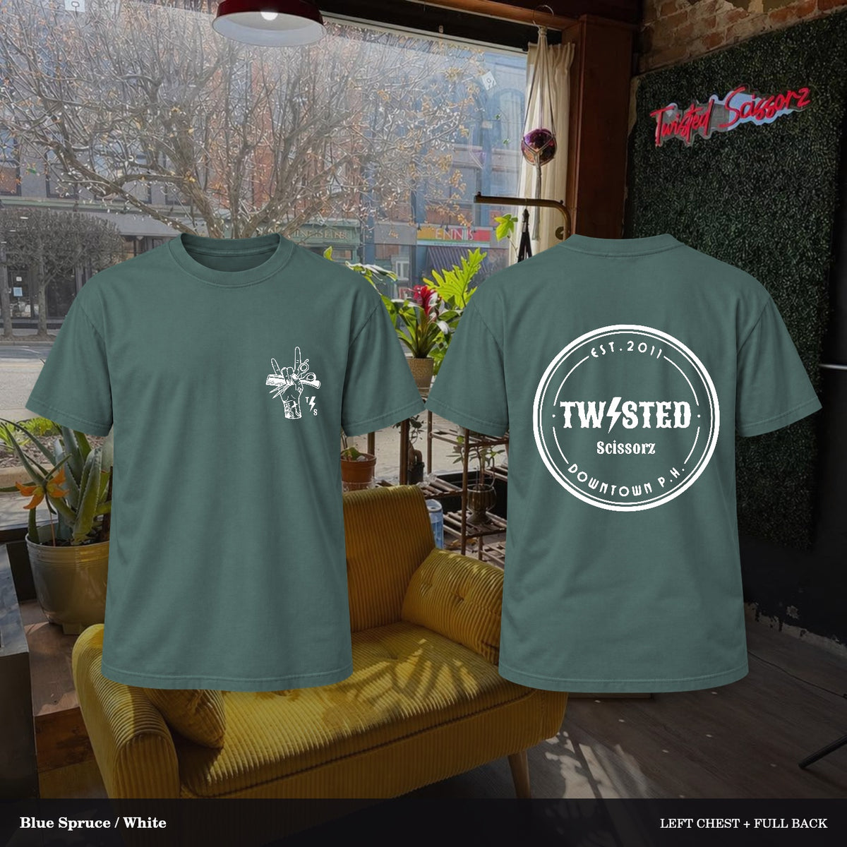 Twisted Scissorz Comfort Colors 1717 — Blue Spruce, White artwork; left-chest crest and full back in the salon