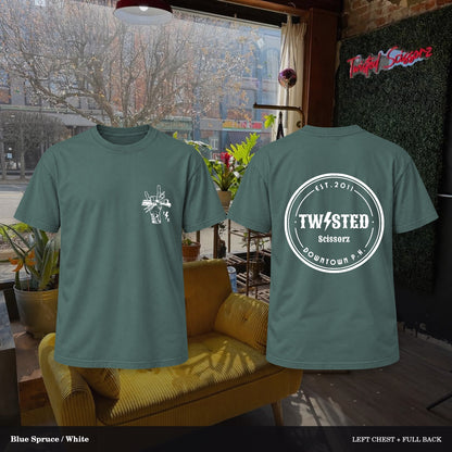 Twisted Scissorz Comfort Colors 1717 — Blue Spruce, White artwork; left-chest crest and full back in the salon