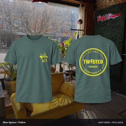 Twisted Scissorz Comfort Colors 1717 — Blue Spruce, Yellow artwork; left-chest crest and full back in the salon