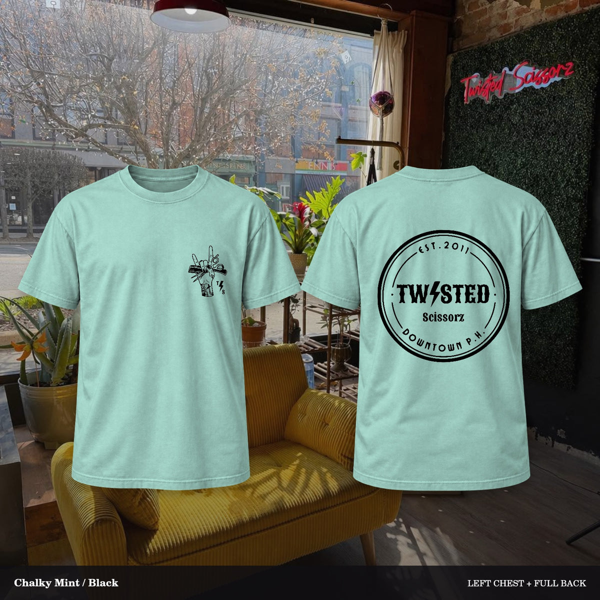 Twisted Scissorz Comfort Colors 1717 — Chalky Mint, Black artwork; left-chest crest and full back in the salon