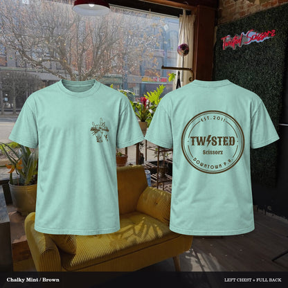 Twisted Scissorz Comfort Colors 1717 — Chalky Mint, Brown artwork; left-chest crest and full back in the salon
