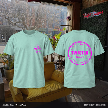 Twisted Scissorz Comfort Colors 1717 — Chalky Mint, Neon Pink artwork; left-chest crest and full back in the salon