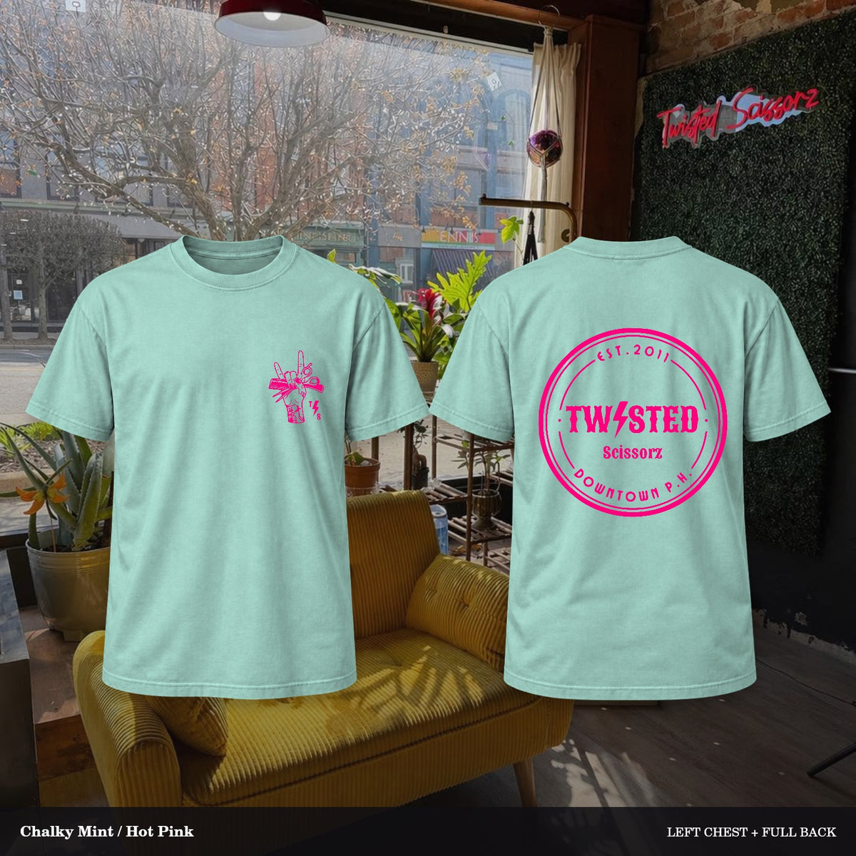 Twisted Scissorz Comfort Colors 1717 — Chalky Mint, Hot Pink artwork; left-chest crest and full back in the salon