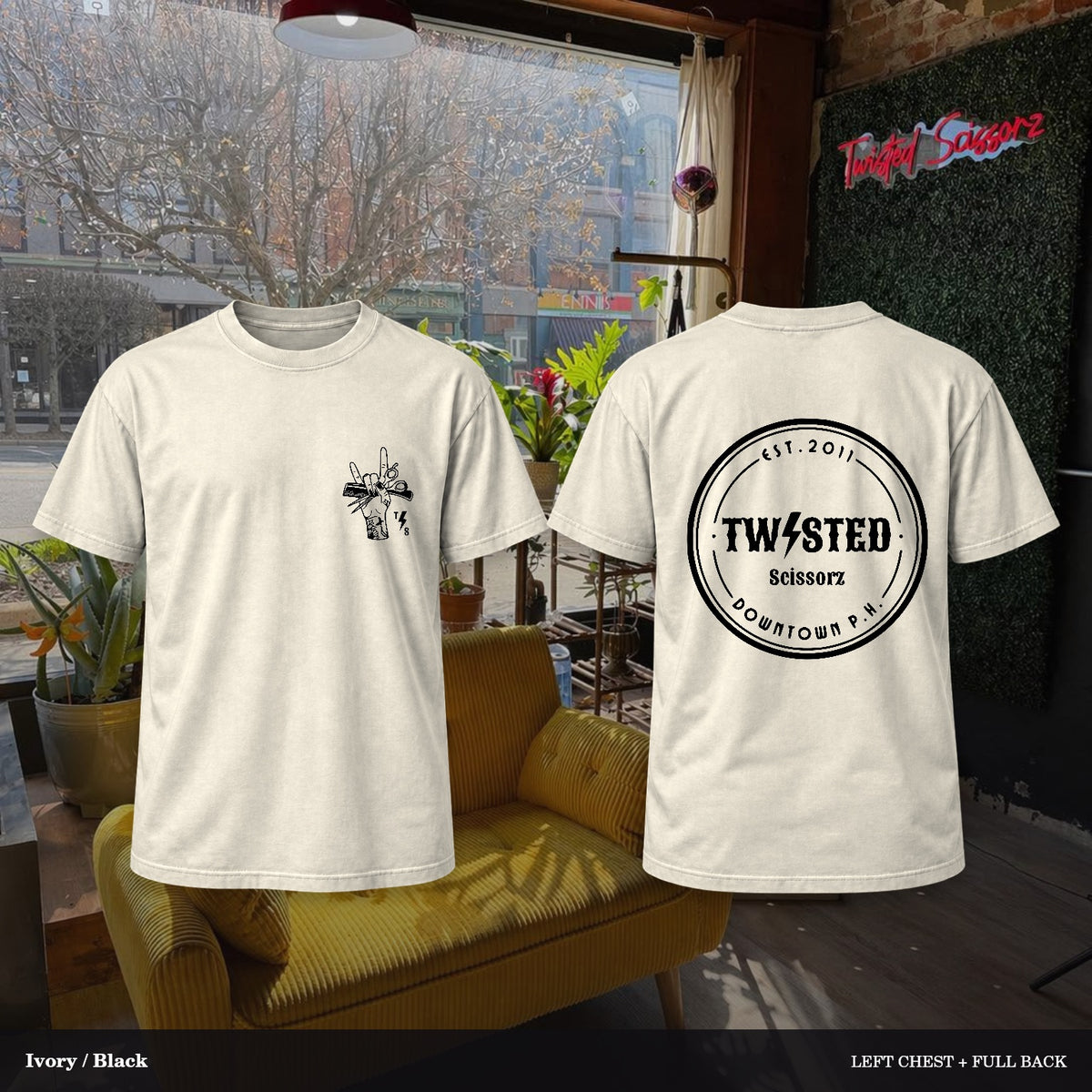Twisted Scissorz Comfort Colors 1717 — Ivory, Black artwork; left-chest crest and full back in the salon