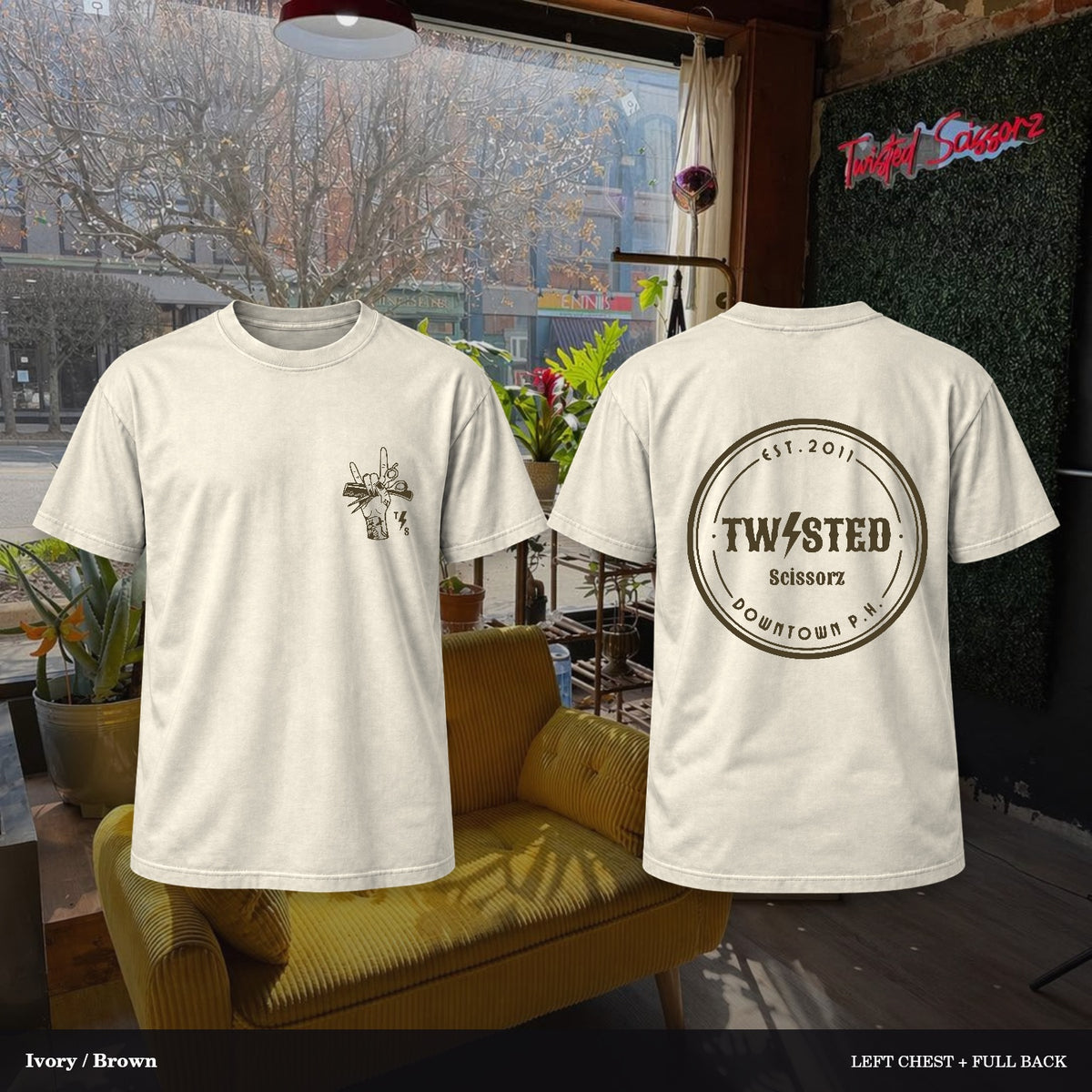Twisted Scissorz Comfort Colors 1717 — Ivory, Brown artwork; left-chest crest and full back in the salon