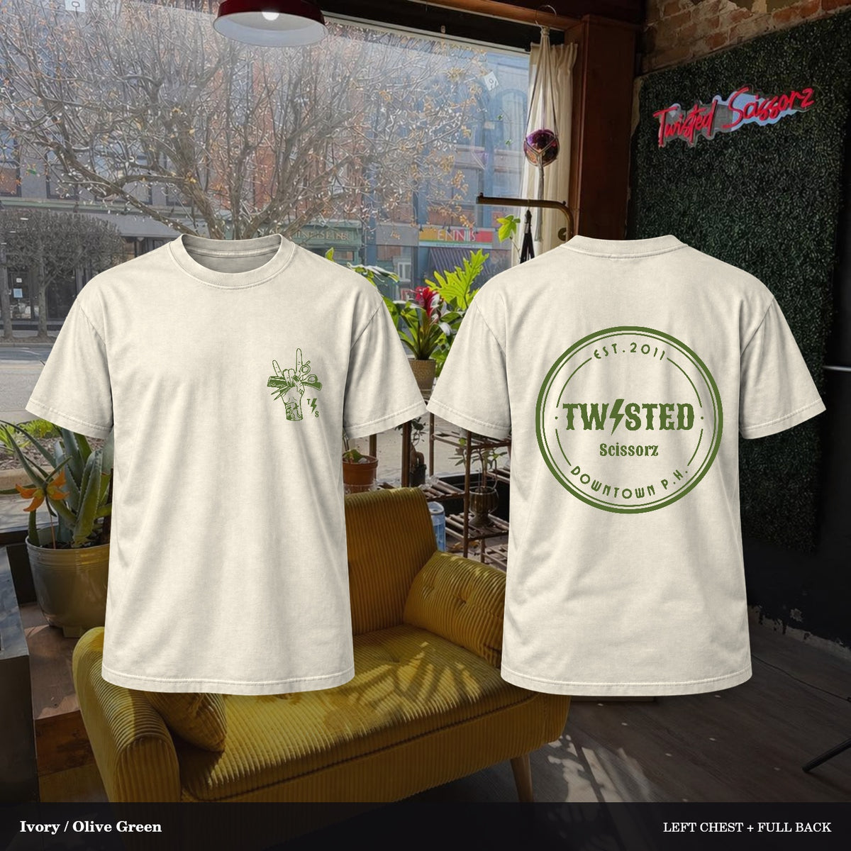Twisted Scissorz Comfort Colors 1717 — Ivory, Olive Green artwork; left-chest crest and full back in the salon