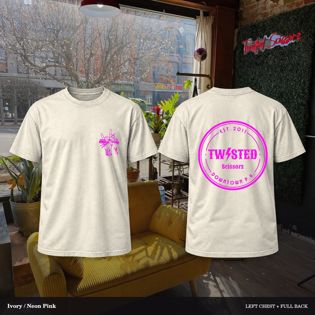 Twisted Scissorz Comfort Colors 1717 — Ivory, Neon Pink artwork; left-chest crest and full back in the salon