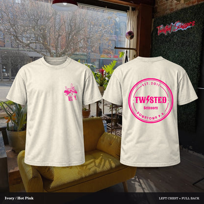 Twisted Scissorz Comfort Colors 1717 — Ivory, Hot Pink artwork; left-chest crest and full back in the salon