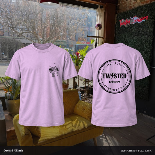 Twisted Scissorz Comfort Colors 1717 — Orchid, Black artwork; left-chest crest and full back in the salon