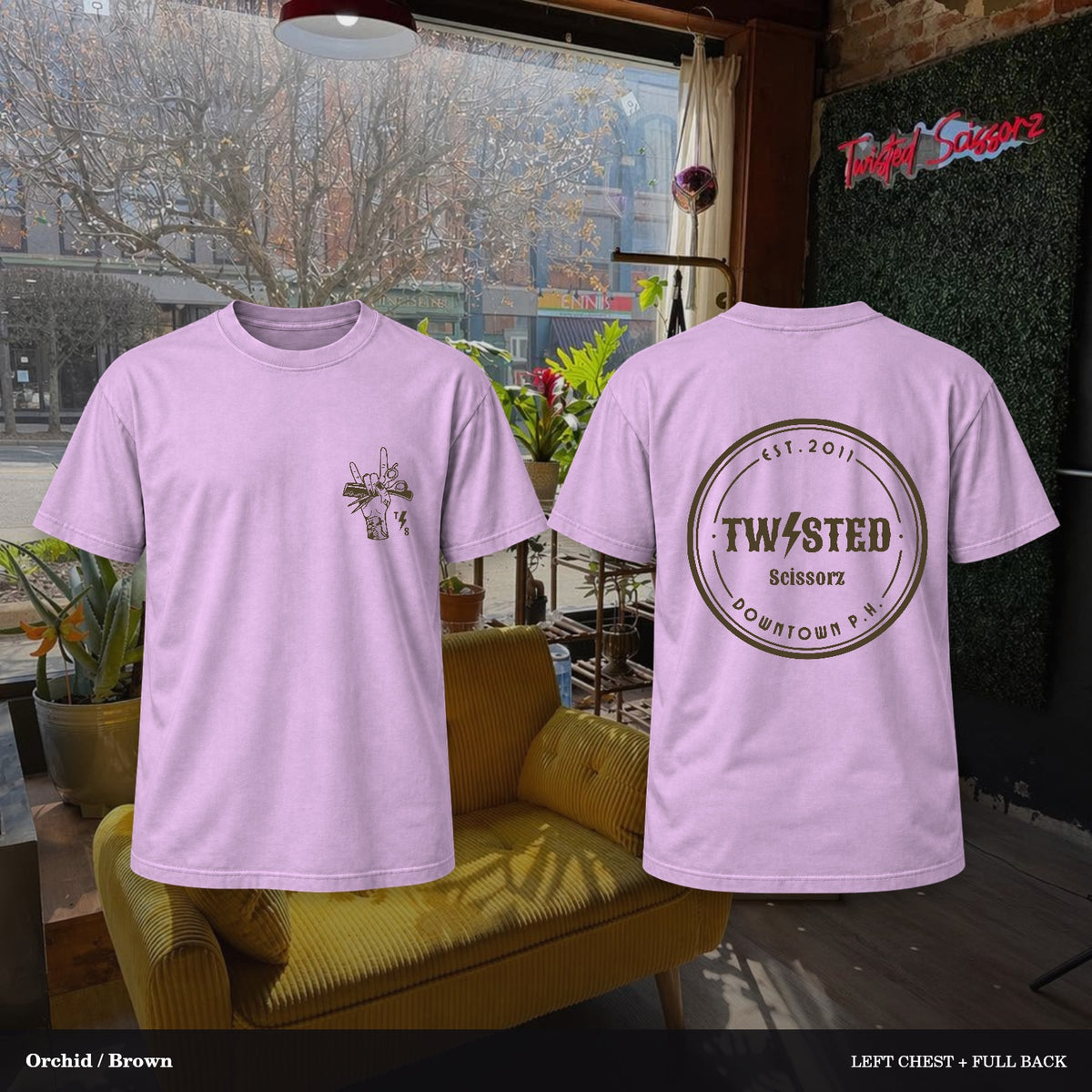 Twisted Scissorz Comfort Colors 1717 — Orchid, Brown artwork; left-chest crest and full back in the salon