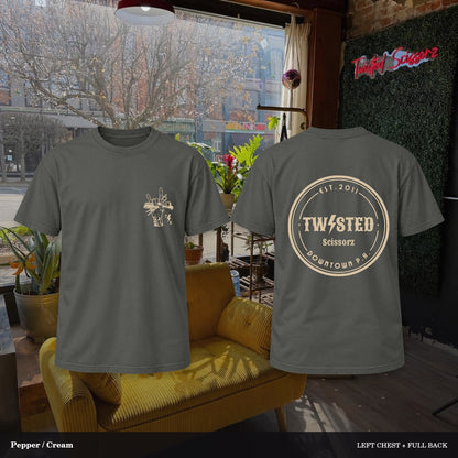 Twisted Scissorz Comfort Colors 1717 — Pepper, Cream artwork; left-chest crest and full back in the salon