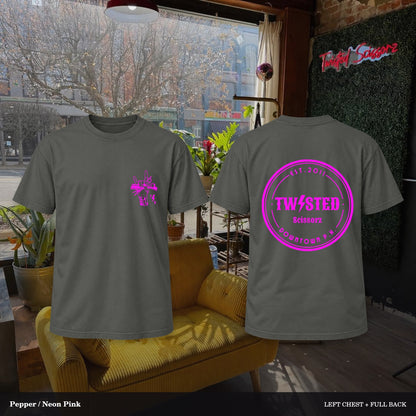 Twisted Scissorz Comfort Colors 1717 — Pepper, Neon Pink artwork; left-chest crest and full back in the salon