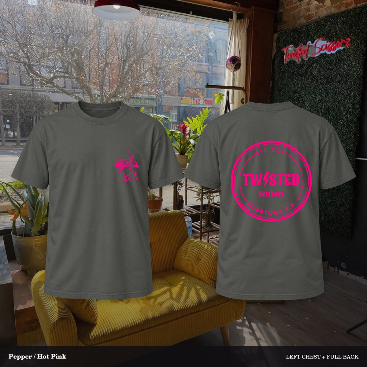 Twisted Scissorz Comfort Colors 1717 — Pepper, Hot Pink artwork; left-chest crest and full back in the salon