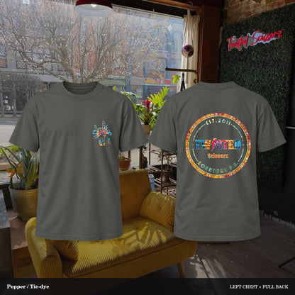 Twisted Scissorz Comfort Colors 1717 — Pepper, Tie-dye artwork; left-chest crest and full back in the salon