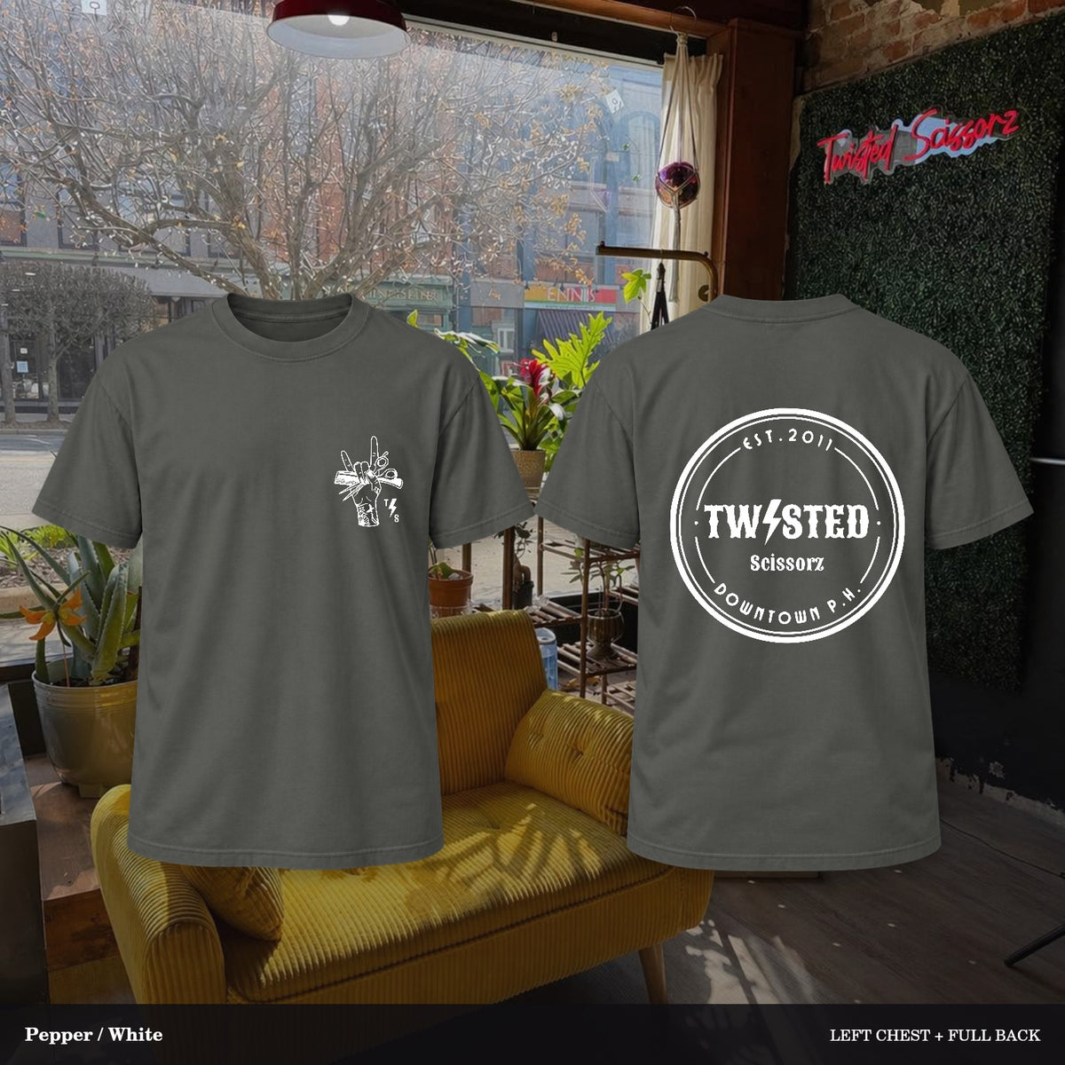 Twisted Scissorz Comfort Colors 1717 — Pepper, White artwork; left-chest crest and full back in the salon