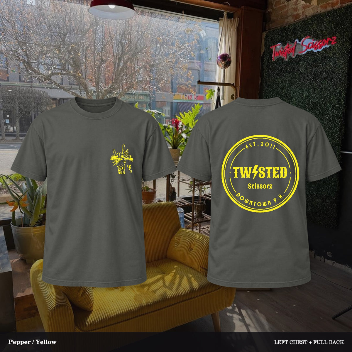 Twisted Scissorz Comfort Colors 1717 — Pepper, Yellow artwork; left-chest crest and full back in the salon