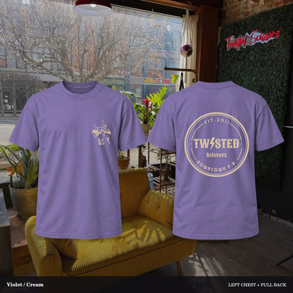 Twisted Scissorz Comfort Colors 1717 — Violet, Cream artwork; left-chest crest and full back in the salon