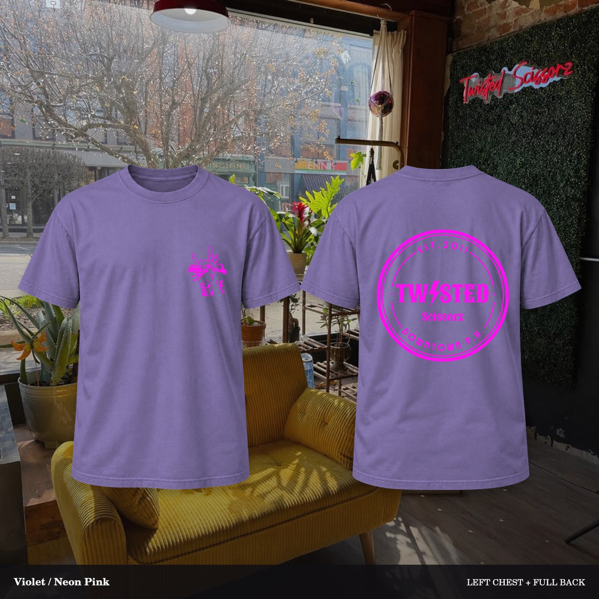 Twisted Scissorz Comfort Colors 1717 — Violet, Neon Pink artwork; left-chest crest and full back in the salon