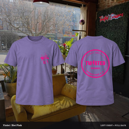 Twisted Scissorz Comfort Colors 1717 — Violet, Hot Pink artwork; left-chest crest and full back in the salon