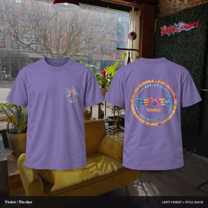 Twisted Scissorz Comfort Colors 1717 — Violet, Tie-dye artwork; left-chest crest and full back in the salon
