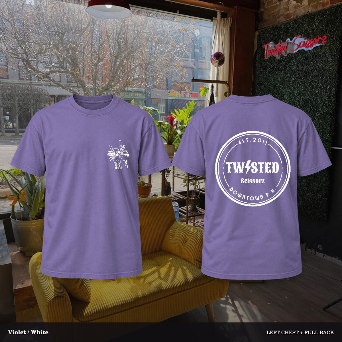 Twisted Scissorz Comfort Colors 1717 — Violet, White artwork; left-chest crest and full back in the salon