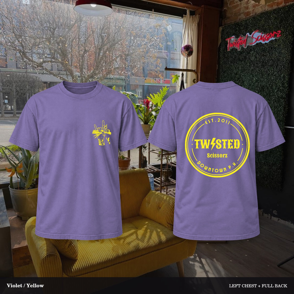 Twisted Scissorz Comfort Colors 1717 — Violet, Yellow artwork; left-chest crest and full back in the salon