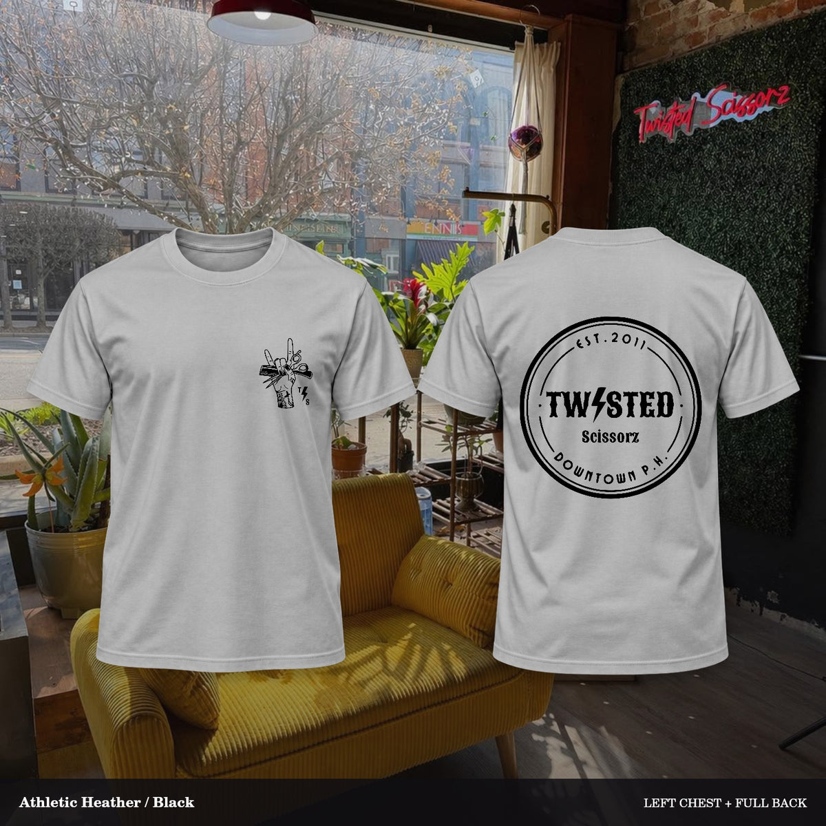 Twisted Scissorz Port & Co. PC55 — Athletic Heather, Black artwork; left-chest crest and full back in the salon