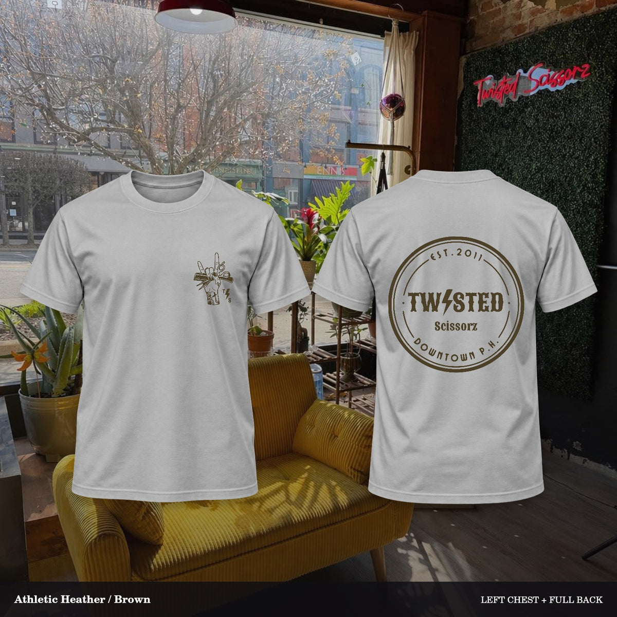 Twisted Scissorz Port & Co. PC55 — Athletic Heather, Brown artwork; left-chest crest and full back in the salon