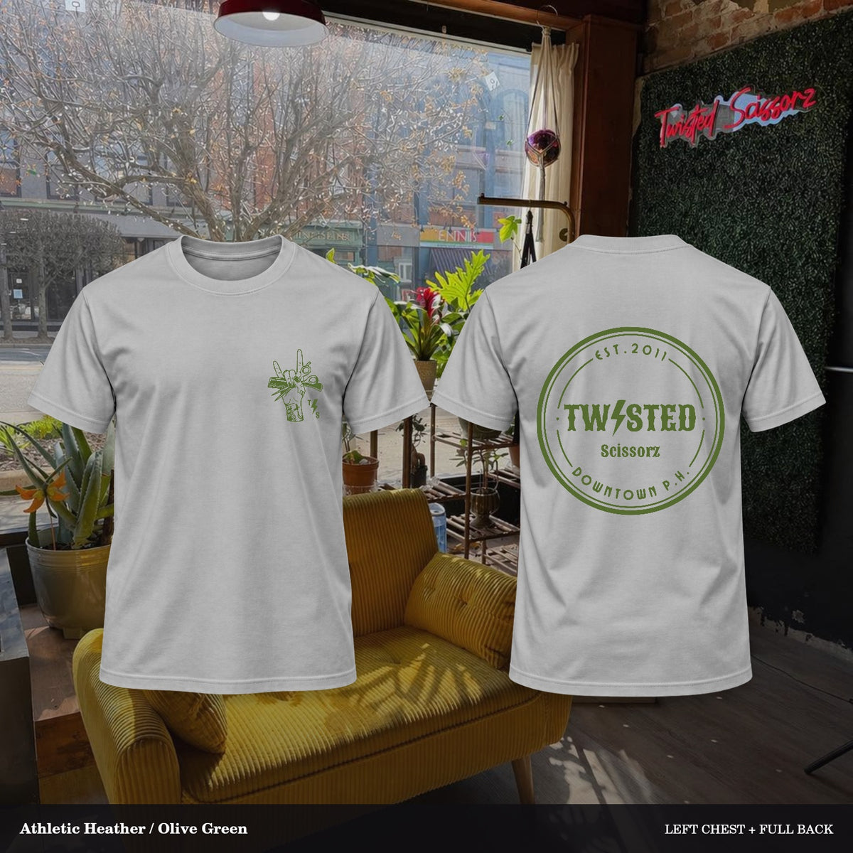 Twisted Scissorz Port & Co. PC55 — Athletic Heather, Olive Green artwork; left-chest crest and full back in the salon