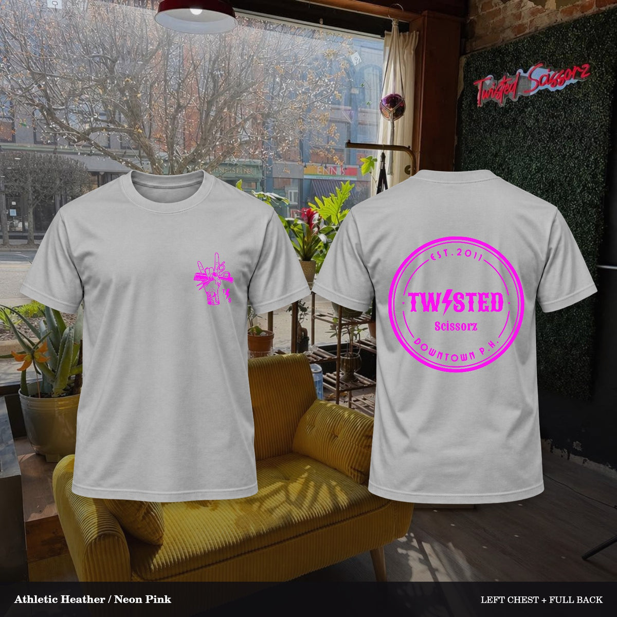 Twisted Scissorz Port & Co. PC55 — Athletic Heather, Neon Pink artwork; left-chest crest and full back in the salon
