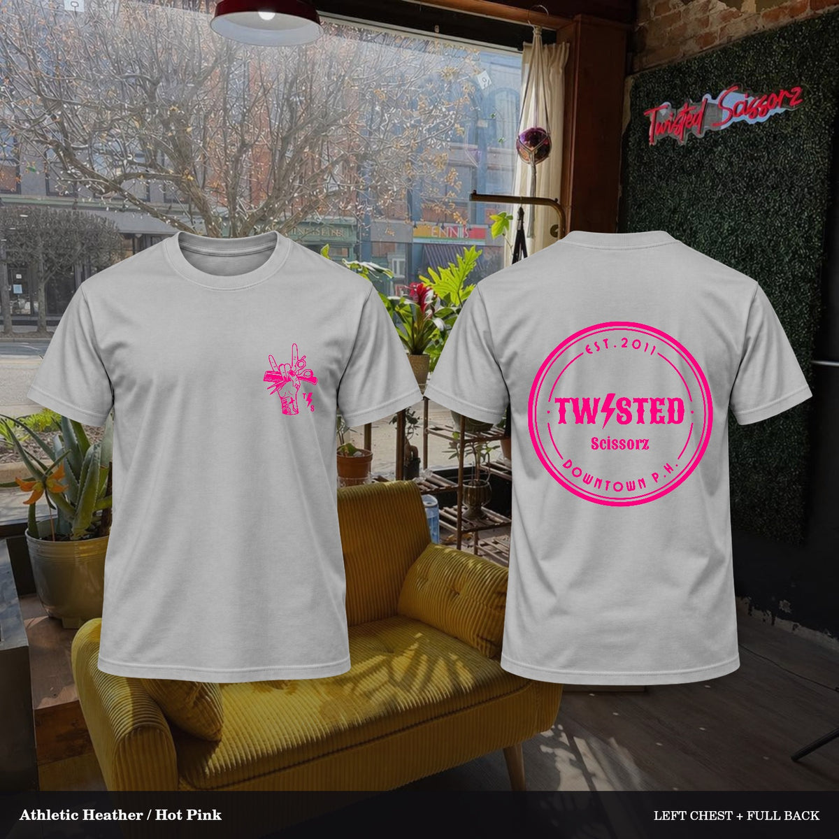 Twisted Scissorz Port & Co. PC55 — Athletic Heather, Hot Pink artwork; left-chest crest and full back in the salon