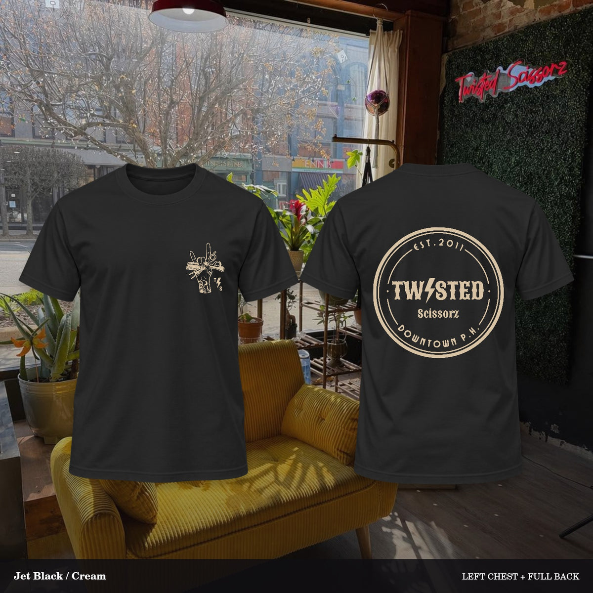 Twisted Scissorz Port & Co. PC55 — Jet Black, Cream artwork; left-chest crest and full back in the salon
