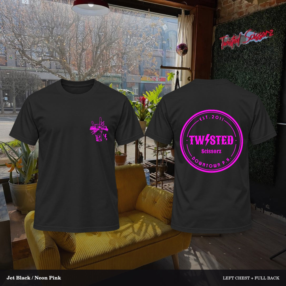 Twisted Scissorz Port & Co. PC55 — Jet Black, Neon Pink artwork; left-chest crest and full back in the salon