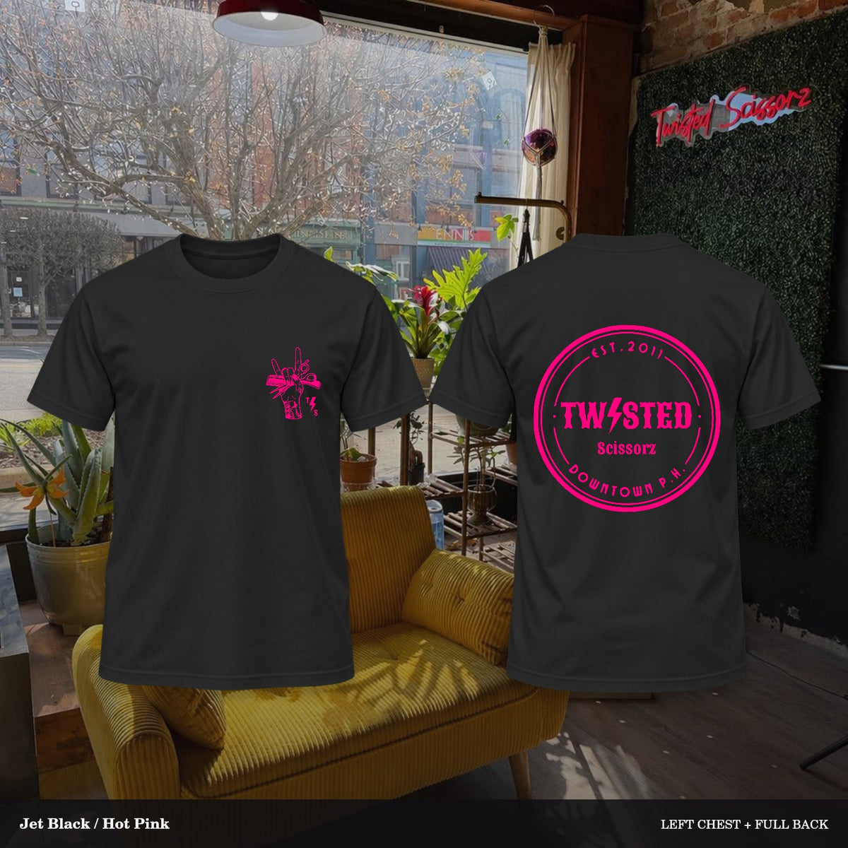 Twisted Scissorz Port & Co. PC55 — Jet Black, Hot Pink artwork; left-chest crest and full back in the salon