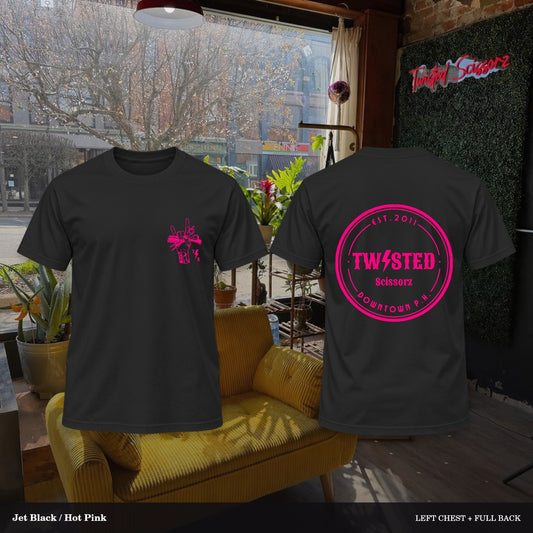 Twisted Scissorz Port & Co. PC55 — Jet Black, Hot Pink artwork; left-chest crest and full back in the salon