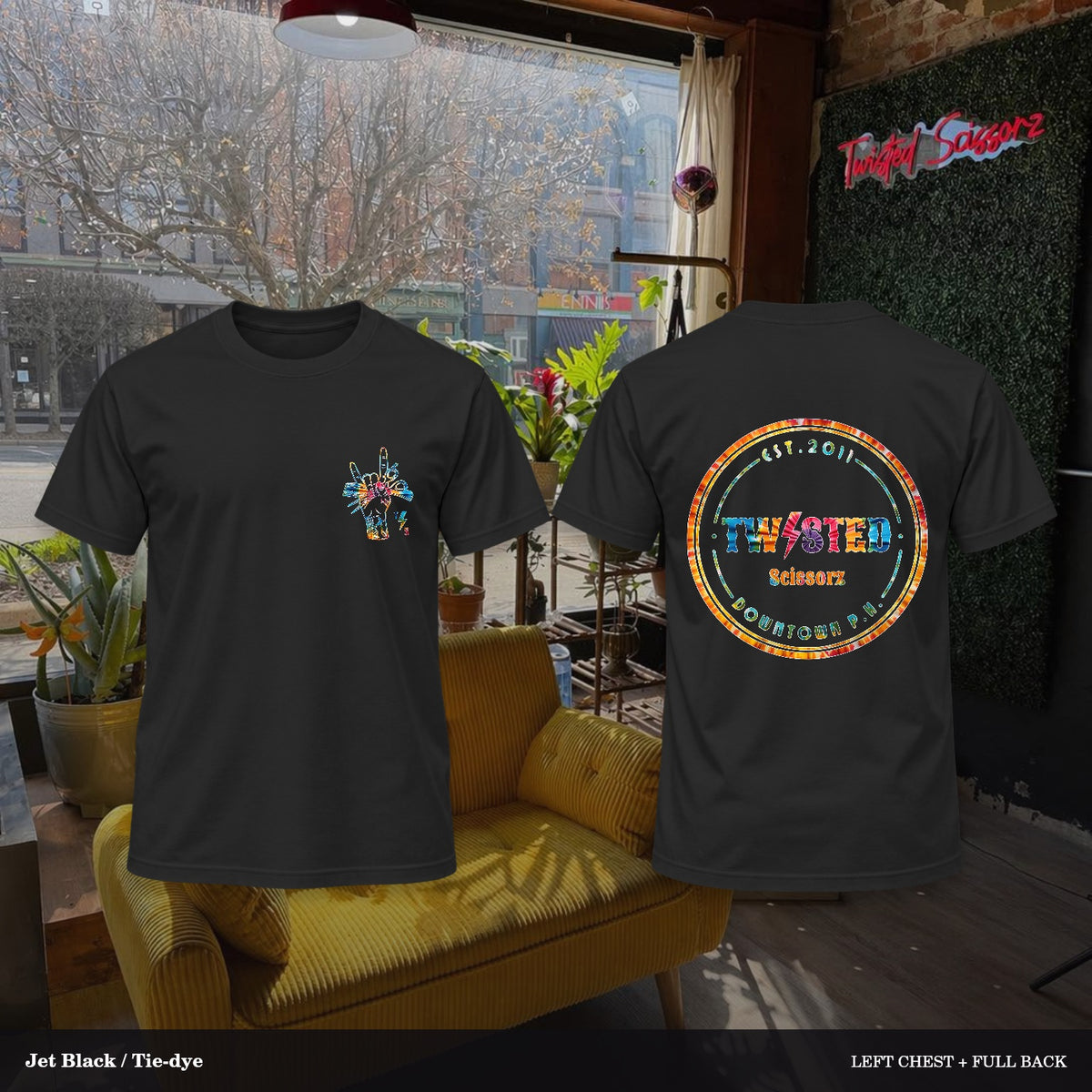 Twisted Scissorz Port & Co. PC55 — Jet Black, Tie-dye artwork; left-chest crest and full back in the salon