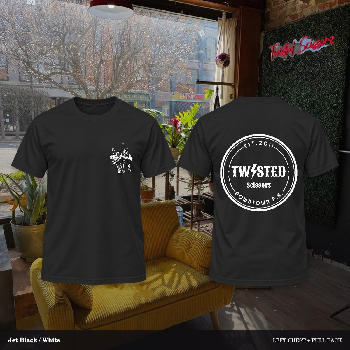Twisted Scissorz Port & Co. PC55 — Jet Black, White artwork; left-chest crest and full back in the salon