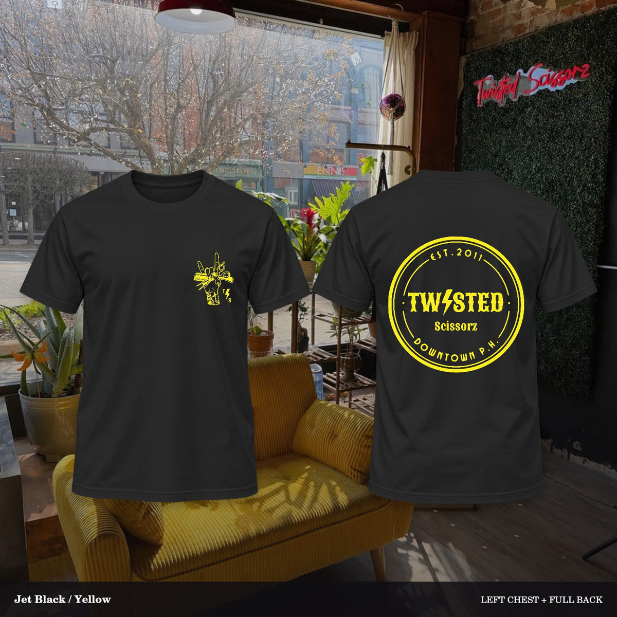 Twisted Scissorz Port & Co. PC55 — Jet Black, Yellow artwork; left-chest crest and full back in the salon