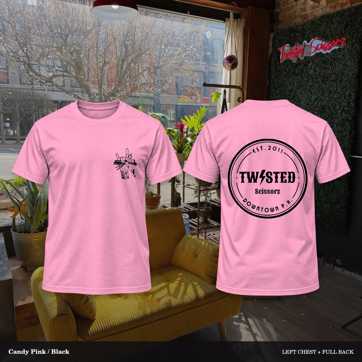 Twisted Scissorz Port & Co. PC55 — Candy Pink, Black artwork; left-chest crest and full back in the salon