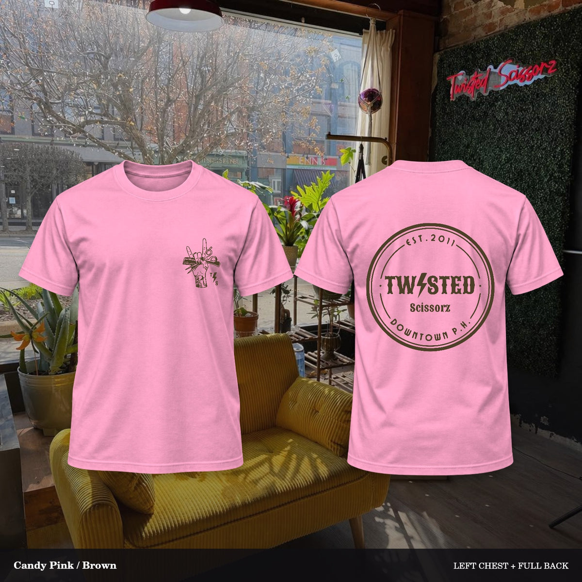 Twisted Scissorz Port & Co. PC55 — Candy Pink, Brown artwork; left-chest crest and full back in the salon