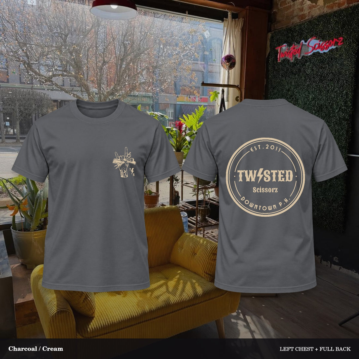 Twisted Scissorz Port & Co. PC55 — Charcoal, Cream artwork; left-chest crest and full back in the salon