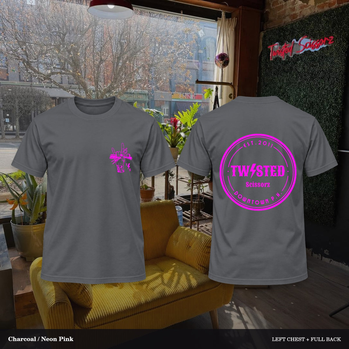 Twisted Scissorz Port & Co. PC55 — Charcoal, Neon Pink artwork; left-chest crest and full back in the salon