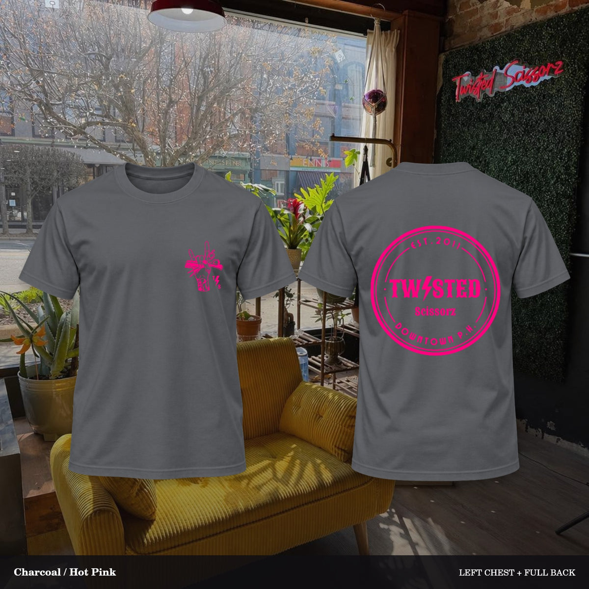 Twisted Scissorz Port & Co. PC55 — Charcoal, Hot Pink artwork; left-chest crest and full back in the salon
