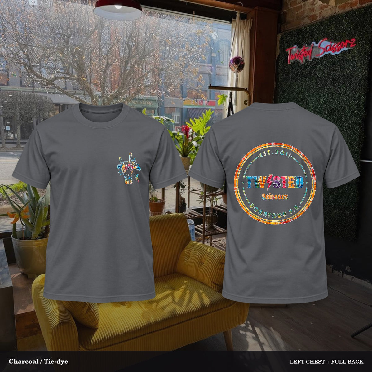 Twisted Scissorz Port & Co. PC55 — Charcoal, Tie-dye artwork; left-chest crest and full back in the salon