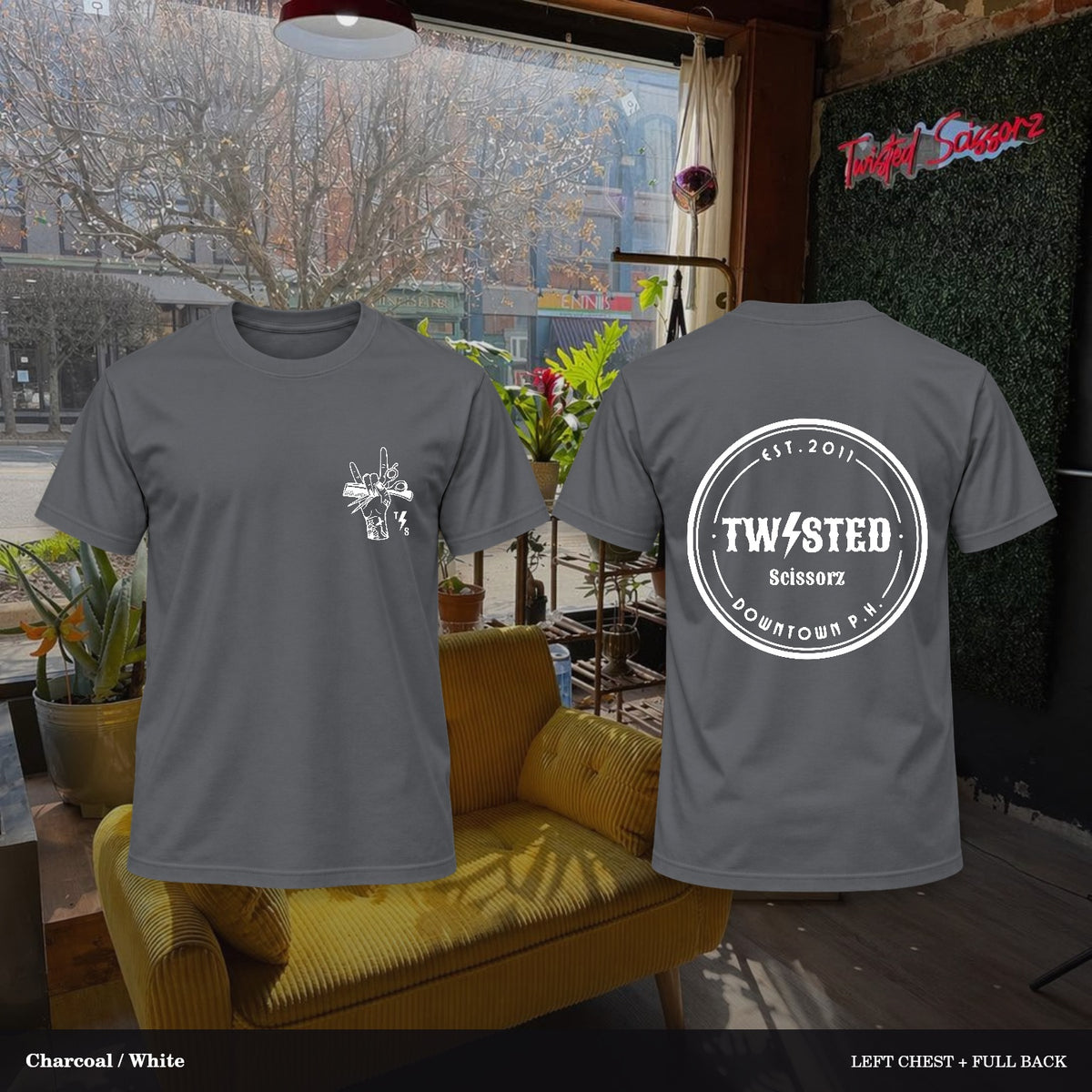 Twisted Scissorz Port & Co. PC55 — Charcoal, White artwork; left-chest crest and full back in the salon